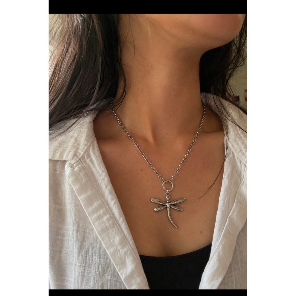Silver Dragonfly Pendant Necklace Nature Inspired Insect Charm Link Chain